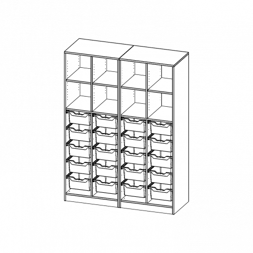 ErgoTray Regal, vierreihig, 5 Ordnerhöhen - evo180 Serie Breite 140,6 cm, Gesamthöhe 190 cm, mit Sockel (81 mm), zweiteilig und Mittelwand, unten 20 hohe ErgoTray Boxen, oben 4 Einlegeböden