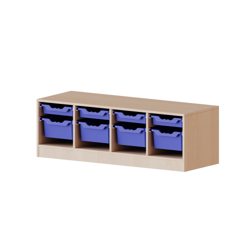 ErgoTray Regal, vierreihig, 1 Ordnerhöhe - evo180 Serie Breite 138,7 cm, Gesamthöhe 46 cm, mit Sockel, 4 flache und 4 hohe ErgoTray Boxen