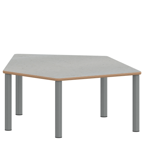 Tisch ZALOTTI mit Linoleum-Belag Fünfecktisch-klein, Stellfläche B/T: 121x110 cm, Höhen 25…76 cm, Stahlrohrbeine Ø 60 mm, Fußvariante: Stellfuß