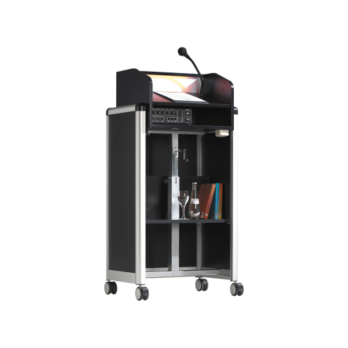 höhenverstellbares Rednerpult, mit Alu-Holz-Kombination, inkl. Mikrofon und Lautsprecher B/H/T: 65x100-128x51 cm