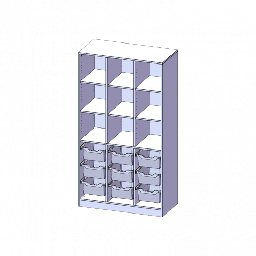 ErgoTray Regal, dreireihig, 5 Ordnerhöhen - evo180 Serie Breite 104,5 cm, Gesamthöhe 190 cm, mit Sockel (81 mm) und Mittelwand, unten 9 hohe ErgoTray Boxen, oben 6 Einlegeböden