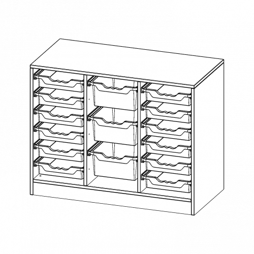 ErgoTray Regal, dreireihig, 2 Ordnerhöhen - evo180 Serie Breite 104,5 cm, Gesamthöhe 82 cm, mit Sockel, rechts und links je 6 flache, in der Mitte 3 hohe ErgoTray Boxen