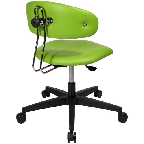 Erzieherinnenhocker mit Lehne und Sattelsitz 5-armiges schwarzes Kunststoff-Fußkreuz mit Rollen, Sitz und Rücken Softex in verschiedenen Farben