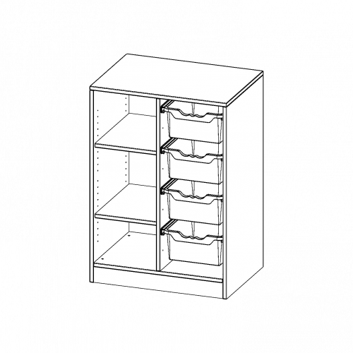 ErgoTray Regal, zweireihig, 2,5 Ordnerhöhen - evo180 Serie B/H/T: 70,3x100x50 cm, mit Sockel (81 mm), links 3 Fächer, rechts 4 hohe ErgoTray Boxen
