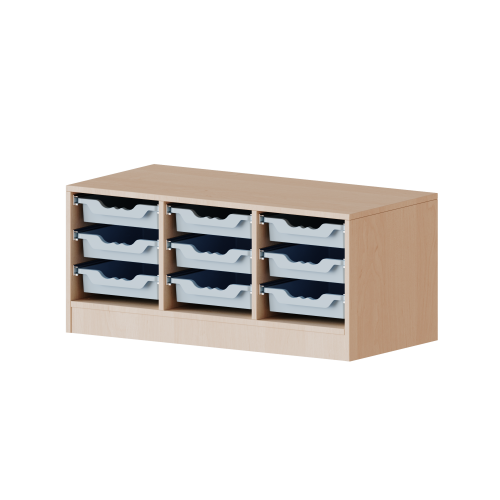 ErgoTray Regal, dreireihig, 1 Ordnerhöhe - evo180 Serie B/H/T: 104,5x46x40 cm, Breite 104,5 cm, Gesamthöhe 46 cm, mit Sockel, 9 flache ErgoTray Boxen