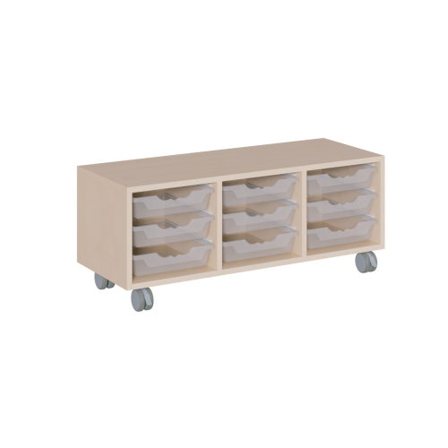 fahrbares Regal in Korpusbauweise B/H/T: 105x42,5x40 cm, in 3 Reihen 9 flache ErgoTray-Boxen