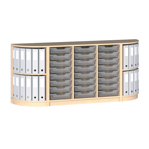 Fertigregalsystem in Korpusbauweise "Aaron" B/H/T: 185x80x40 cm, Regalsystem mit 24 ErgoTray-Kästen und 2 Viertelkreisregalen