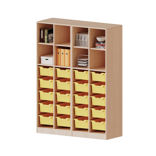 ErgoTray Regal, vierreihig, 5 Ordnerhöhen - evo180 Serie Breite 140,6 cm, Gesamthöhe 190 cm, mit Sockel (81 mm), zweiteilig und Mittelwand, unten 20 hohe ErgoTray Boxen, oben 4 Einlegeböden