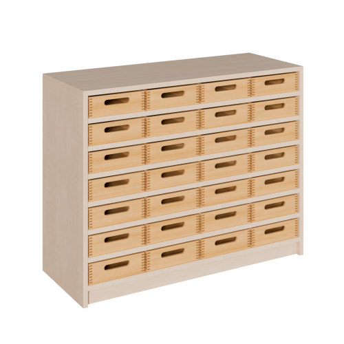 Regal mit Holzkästen, 2 Ordnerhöhen - Serie evo180 B/H/T: 100x82x40 cm, mit 28 Materialkästen ohne Sichtfenster, mit Sockel (81 mm)