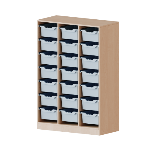 ErgoTray Regal, dreireihig, 4 Ordnerhöhen - evo180 Serie Breite 104,5 cm, Gesamthöhe 154 cm, mit Sockel, 21 hohe ErgoTray Boxen