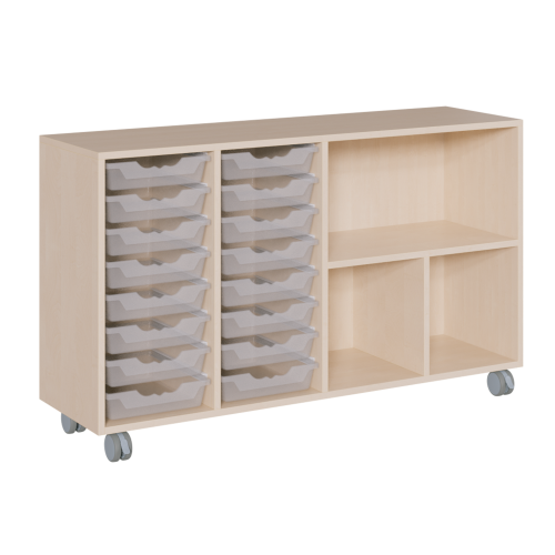 fahrbares Regal in Korpusbauweise B/H/T: 139x82,5x40 cm, in 4 Reihen 16 flache ErgoTray-Boxen und 3 Fächer