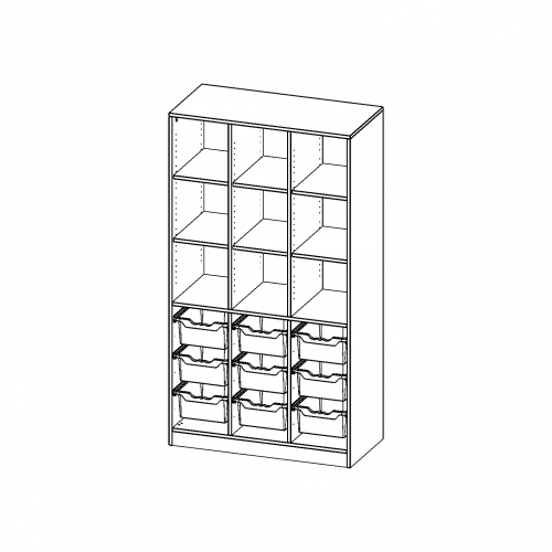ErgoTray Regal, dreireihig, 5 Ordnerhöhen - evo180 Serie Breite 104,5 cm, Gesamthöhe 190 cm, mit Sockel (81 mm) und Mittelwand, unten 9 hohe ErgoTray Boxen, oben 6 Einlegeböden