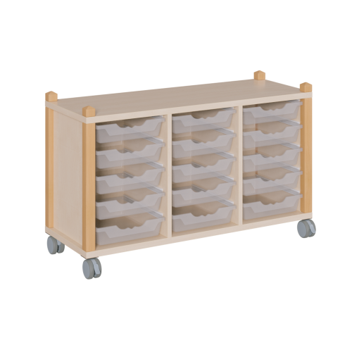fahrbares Regal in Stollenbauweise B/T: 109x40 cm, 3reihig, 3 verschiedene Höhen, in 3 Reihen unterschiedlich hohe ErgoTray-Boxen