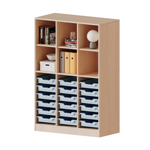 ErgoTray Regal, dreireihig, 4 Ordnerhöhen - evo180 Serie Breite 104,5 cm, Gesamthöhe 154 cm, mit Sockel, unten 18 flache, oben 6 Fächer