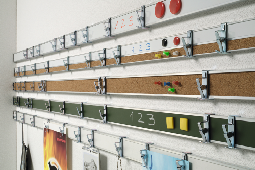 Kombinierte Bilderklemmleiste Kork/Stahl Bilderleiste 100 cm mit 3 Papierklemmen pro Meter, Oberfläche kombiniert Kork / Stahl weiss