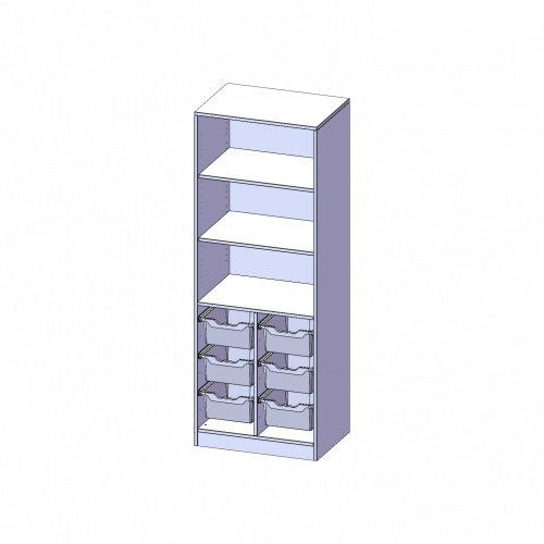 ErgoTray Regal, zweireihig, 5 Ordnerhöhen - evo180 Serie Breite 70,3 cm, Gesamthöhe 190 cm, mit Sockel (81 mm), unten 6 hohe ErgoTray Boxen, oben 2 Einlegeböden