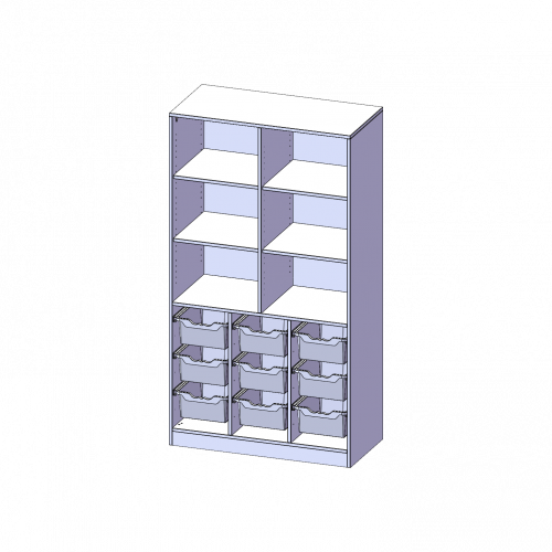 ErgoTray Regal, dreireihig, 5 Ordnerhöhen - evo180 Serie Breite 104,5 cm, Gesamthöhe 190 cm, mit Sockel (81 mm), unten 9 hohe ErgoTray Boxen, oben 4 Einlegeböden