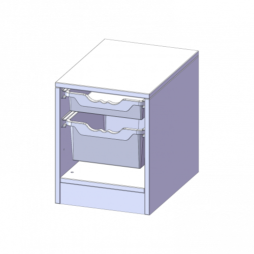 ErgoTray Regal, einreihig, 1 Ordnerhöhe - evo180 Serie B/H/T: 36,1x46x50 cm, mit Sockel (81 mm), 1 flache und 1 hohe ErgoTray Boxen