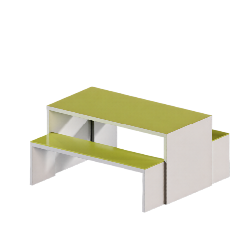 Wangentisch mit 2 Sitzbänken, Set B/H/T: 140x71x70 cm, Bänke B/H/T 130x43x32 cm, Tischplatte und Sitzflächen mit Linoleumbelag
