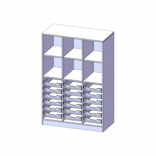 ErgoTray Regal, dreireihig, 4 Ordnerhöhen - evo180 Serie Breite 104,5 cm, Gesamthöhe 154 cm, mit Sockel, unten 18 flache, oben 6 Fächer