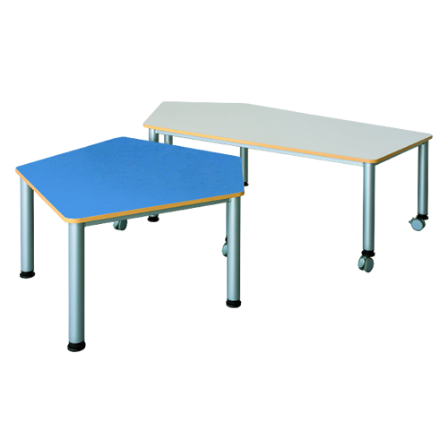 Fahrbarer Fünfecktisch mit Melaminharzbeschichtung Fünfecktisch klein, B/T: 120x110 cm, wählbare Höhe, melaminharzbeschichtete Spanplatte, Stahlzargengestell und Rundrohr-Füßen Ø 60