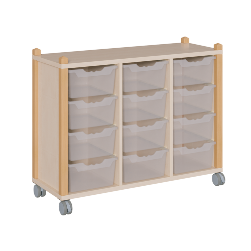 fahrbares Regal in Stollenbauweise B/T: 109x40 cm, 3reihig, 3 verschiedene Höhen, in 3 Reihen unterschiedlich hohe ErgoTray-Boxen