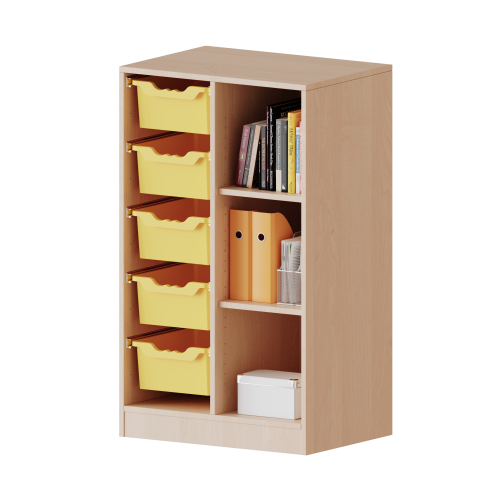 ErgoTray Regal, zweireihig, 3 Ordnerhöhen - evo180 Serie B/H/T: 70,3x118x50 cm, mit Möbelstellfüßen, rechts 3 Fächer, links 5 hohe ErgoTray Boxen