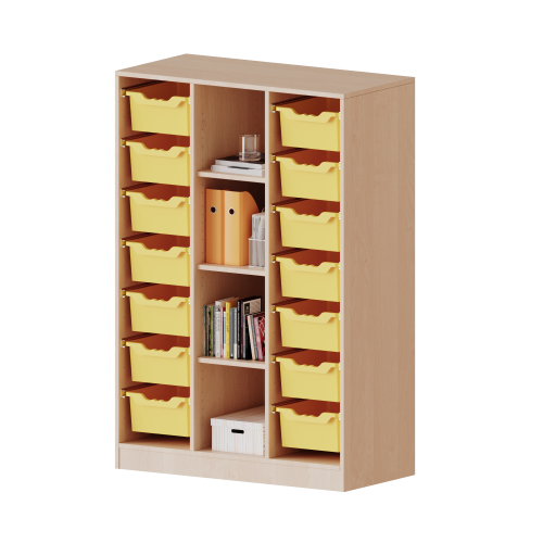 ErgoTray Regal, dreireihig, 4 Ordnerhöhen - evo180 Serie Breite 104,5 cm, Gesamthöhe 154 cm, mit Sockel, rechts und links je 7 hohe ErgoTray Boxen, 4 Fächer in der Mitte