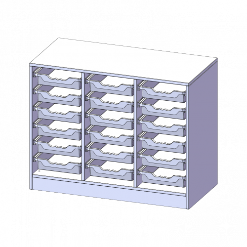 ErgoTray Regal, dreireihig, 2 Ordnerhöhen - evo180 Serie Breite 104,5 cm, Gesamthöhe 82 cm, mit Sockel, 18 flache ErgoTray Boxen