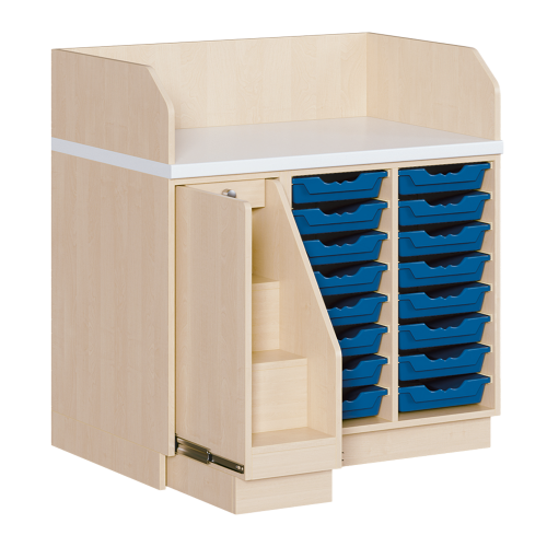 Wickelkommode, dreireihig B/H/T: 107x113x71,5 cm, Ausziehbarer Aufstieg links, 16 Boxen rechts