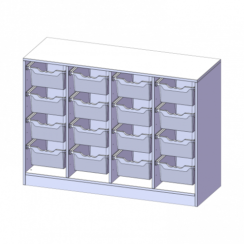 ErgoTray Regal, vierreihig, 2,5 Ordnerhöhen - evo180 Serie B/H/T: 138,7x100x50 cm, mit Sockel (81 mm), 16 hohe ErgoTray Boxen