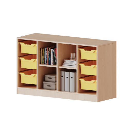 ErgoTray Regal, vierreihig, 2 Ordnerhöhen - evo180 Serie Breite 138,7 cm, Gesamthöhe 82 cm, mit Sockel, rechts und links je 3 hohe ErgoTray Boxen, in der Mitte 4 offene Fächer