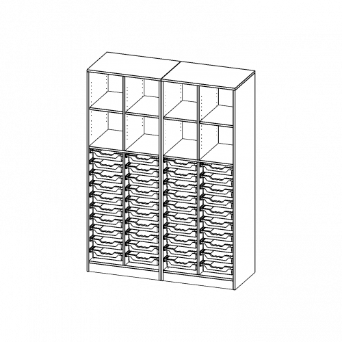 ErgoTray Regal, vierreihig, 5 Ordnerhöhen - evo180 Serie Breite 140,6 cm, Gesamthöhe 190 cm, mit Sockel (81 mm), zweiteilig und Mittelwand, unten 40 flache ErgoTray Boxen, oben 4 Einlegeböden
