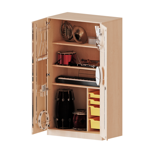 Musikschrank, 5 Ordnerhöhen - Serie evo180 B/H/T: 104,5x190x60 cm, Türen mit Instrumentenhalterungen, mit 4 ErgoTray Boxen, mit Sockel (81 mm)