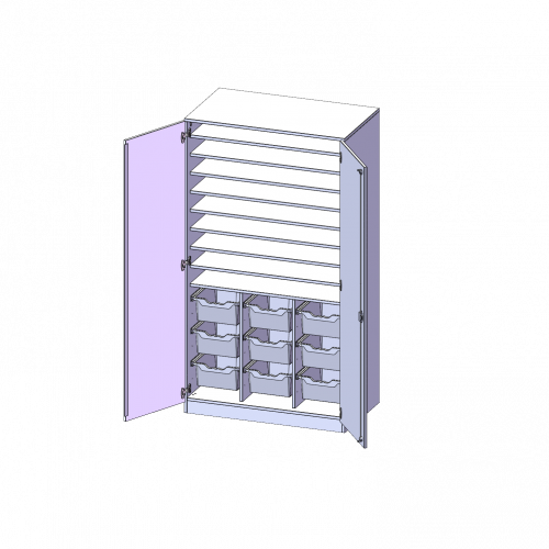 Bastelschrank, 5 Ordnerhöhen - Serie evo180 B/H/T: 104,5x190x60 cm, 2-türiger Schrank mit 9 hohen ErgoTray Boxen, mit Sockel (81 mm)