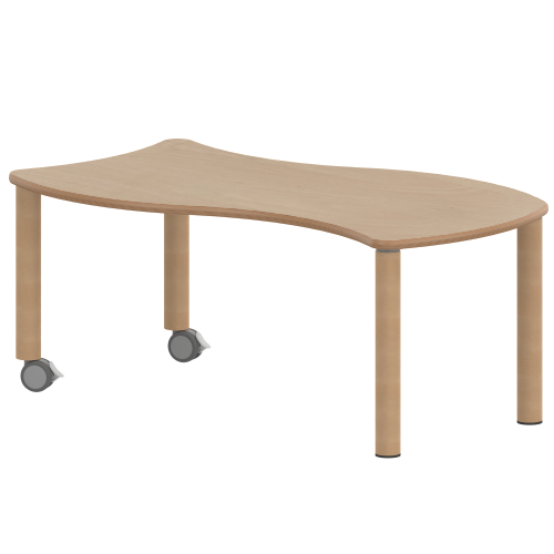 Tisch ZALOTTI mit Schichtstoff-Belag Rechteck-Wellentische, Stellfläche B/T: 126,7x76 cm, Höhen 25…76 cm, Massivholzbeine Ø 60 mm, Fußvariante: fahrbar