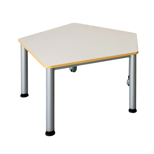 Fahrbarer Fünfecktisch mit Melaminharzbeschichtung Fünfecktisch klein, B/T: 120x110 cm, wählbare Höhe, melaminharzbeschichtete Spanplatte, Stahlzargengestell und Rundrohr-Füßen Ø 60