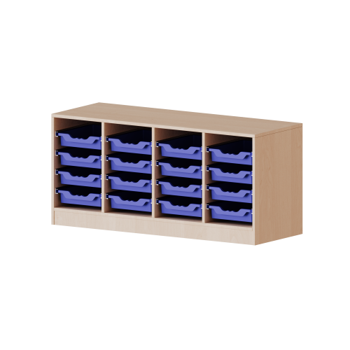 ErgoTray Regal, vierreihig, 1,5 Ordnerhöhen - evo180 Serie Breite 138,7 cm, Gesamthöhe 64 cm, mit Sockel, 16 flache ErgoTray Boxen