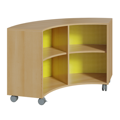 Korpus-Regal auf 1/4-Kreis-Grundriß, Rückwand aus Lochblech Bogenregal auf 90° in 2 Höhen, mit Zwischenböden, Lochblechplatte als Rückwand