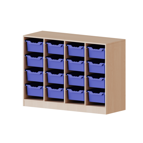 ErgoTray Regal, vierreihig, 2,5 Ordnerhöhen - evo180 Serie B/H/T: 138,7x100x50 cm, mit Sockel (81 mm), 16 hohe ErgoTray Boxen