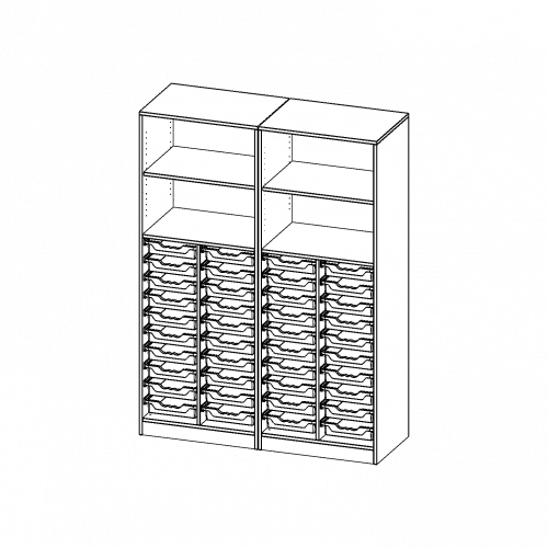 ErgoTray Regal, vierreihig, 5 Ordnerhöhen - evo180 Serie Breite 140,6 cm, Gesamthöhe 190 cm, mit Sockel (81 mm), zweiteilig, unten 40 flache ErgoTray Boxen, oben 2 Einlegeböden