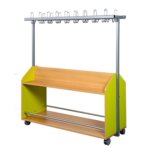 Garderobenwagen doppelseitig aus feuerhemmendem Material - Dekor Buche, mit Ablagen in 2 Etagen und Garderoben-Dreifachhaken, H/T: 160x50 cm