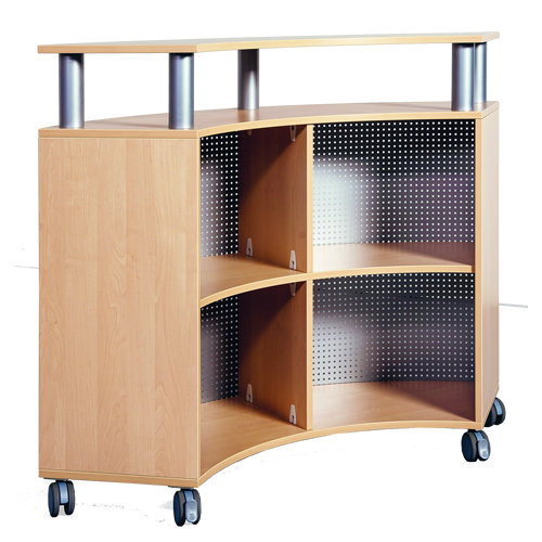 Empfangstresen B/H/T: 140x109x57 cm, fahrbares Viertelkreisregal mit Aufsatzbord