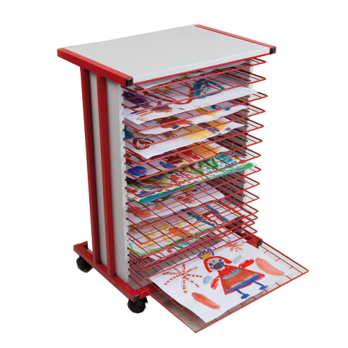 Trockenwagen fahrbar mit 15 Trockengittern DIN A3 B/H/T: 59,5x83x42 cm Gestellfarbe rot, Plattendekor Grau