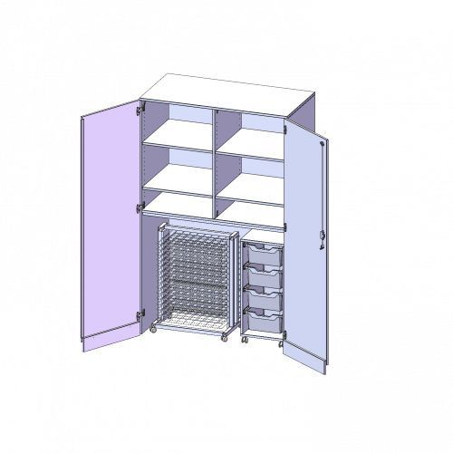 Garagenschrank ohne Sockel, 5 Ordnerhöhen - Serie evo180 B/H/T: 120x190x60 cm, 1 Container mit 4 hohen ErgoTray Boxen und Trockenwagen TW15