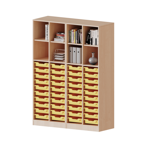 ErgoTray Regal, vierreihig, 5 Ordnerhöhen - evo180 Serie Breite 140,6 cm, Gesamthöhe 190 cm, mit Sockel (81 mm), zweiteilig und Mittelwand, unten 40 flache ErgoTray Boxen, oben 4 Einlegeböden