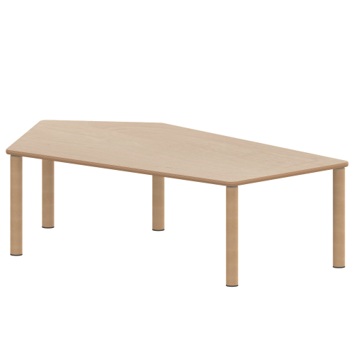 Tisch ZALOTTI mit Schichtstoff-Belag Fünfecktisch-groß, Stellfläche B/T: 185x104 cm, Höhen 25…76 cm, Massivholzbeine Ø 60 mm, Fußvariante: Stellfuß
