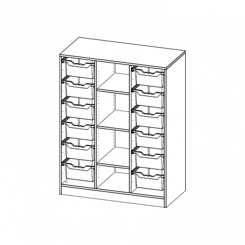 ErgoTray Regal, dreireihig, 3,5 Ordnerhöhen - evo180 Serie Breite 104,5 cm, Gesamthöhe 136 cm, mit Sockel, rechts und links je 6 hohe ErgoTray Boxen, 4 Fächer in der Mitte