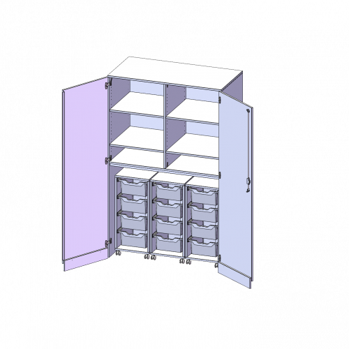 Garagenschrank ohne Sockel, 5 Ordnerhöhen - Serie evo180 B/H/T: 120x190x60 cm, 3 Container mit je 4 hohen ErgoTray Boxen