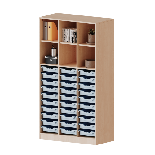 ErgoTray Regal, dreireihig, 5 Ordnerhöhen - evo180 Serie Breite 104,5 cm, Gesamthöhe 190 cm, mit Sockel (81 mm) und Mittelwand, unten 30 flache ErgoTray Boxen, oben 3 Einlegeböden